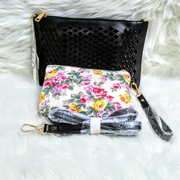 (NEW)!  (2 n 1)! Black & Floral Clutch Bag! - Picture 7 of 8